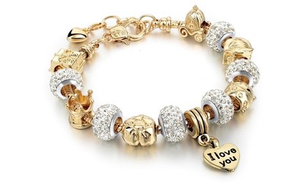 Gold Plated Snake Chain Bracelet with Glass Beads and I Love You Charm