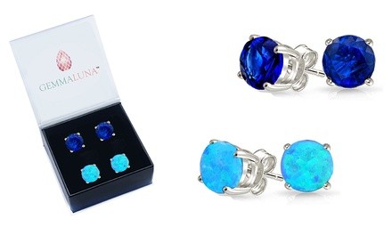 Gemma Luna Genuine Gemstone Sapphire and Opal Stud Earrings Set (2 Pairs) 