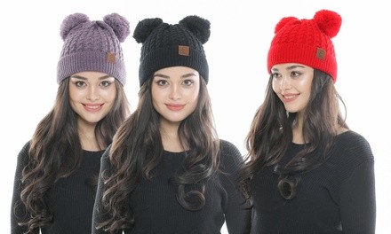 CC CHIC Women Ribbed Knitted Double Pom Pom Beanie Hat