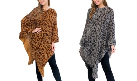 Women's One-Size Leopard-Print Fringed Poncho