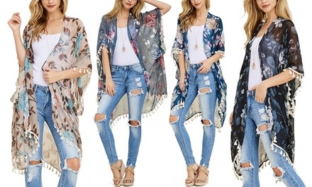 Riah Fashion Big Floral Tassel Kimono