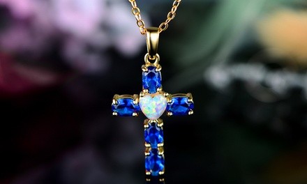 5.80 CTTW Lab Created Fire Opal and Blue Sapphire Cross Pendant by Peermont