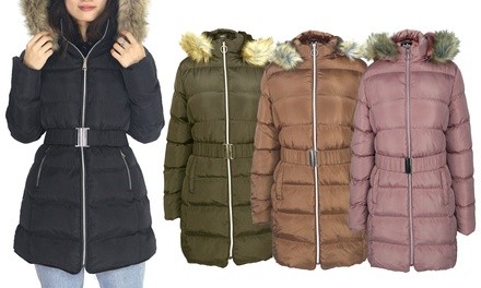 LeeHanTon Women's Puffer Sherpa-Lined, Hooded, Belted Coat. Plus Sizes Available.