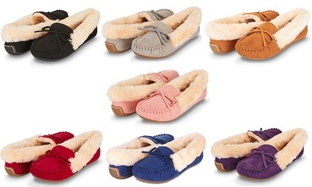 Floopi Women's Indoor/Outdoor Basic Memory Foam Moccasin Slipper W/Faux Fur Collar