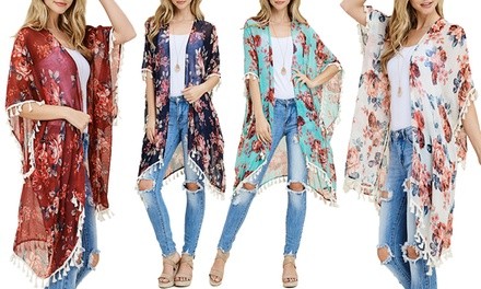 Riah Fashion Women's One Size Floral Tassel Kimono Cardigan