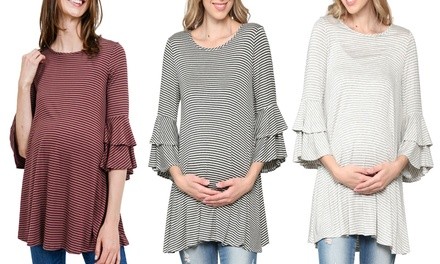 Hello Miz Women's Maternity Ruffle 3/4 Bell Sleeve Tunic