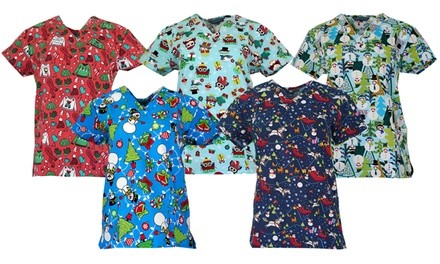 Women's Christmas and Winter-Themed Medical Scrubs Top (S-3X)