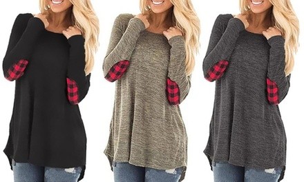 Leo Rosi Women's Buffalo Plaid Elbow Patch Top. Plus Sizes Available. 