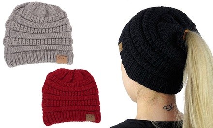 Women's Winter Wool Knit Slouchy Beanie Skull Caps with Ponytail Gap