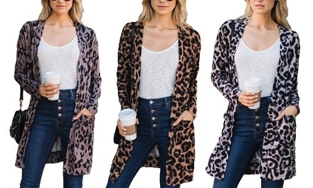 Reflection Women's Leopard Cozy Pocket Cardigan. Plus Sizes Available.