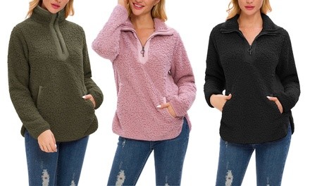 Lilly Posh Women's Long Sleeve Sherpa Fleece Pullover with Pockets