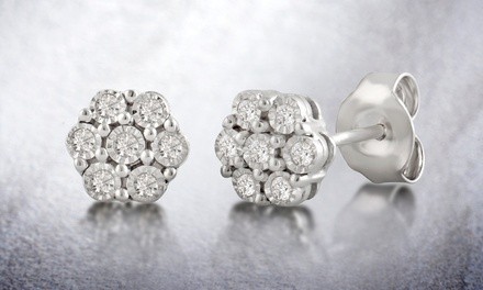 1/10 CTTW Diamond Cluster Floral Stud Earrings in Sterling Silver By DiamondMuse