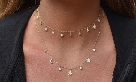 Dainty Star and Moon Crystal Drop Necklaces in Sterling Silver