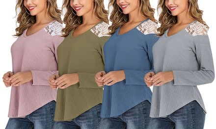 Lilly Posh Women's Long-Sleeve Lace Shoulder Waffle Top. Plus Sizes Available.