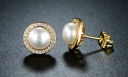 Cultured Freshwater Pearl Halo Earrings Made with Swarovski Crystals by Peermont
