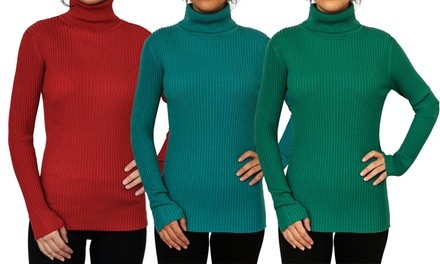 Women's Solid Ribbed Long-Sleeve Turtleneck. Plus Sizes Available.