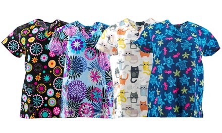 Women's Printed Scrub Tops with Scoop Pockets (2-Pack)