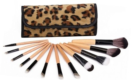 Cosmetic Makeup Brush Set with Leopard-Print Travel Case (13-Piece)