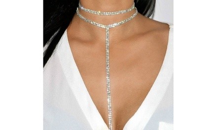 Women Rhinestone Double Choker Necklaces Chain Pendant Tassel Collar Jewellery