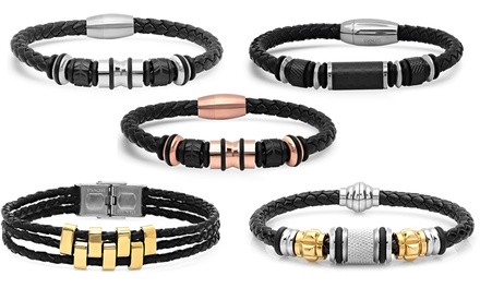 Men's Genuine Black Leather Braided Bracelet With Stainless Steel Accents