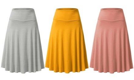 Doublju 2-Way Fold High-Waist Flared Midi Skirts. Plus Sizes Available.