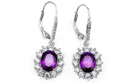 Purple Tanzanite Halo Leverback Earrings in 18K White Gold Plating