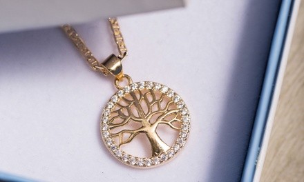 18K Gold Plated Gold Tree of Life Pendant Necklace with Cubic Zirconia by Barzel