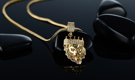 18K Gold Plated Lion Head Pendant in Foxtail Chain Necklace