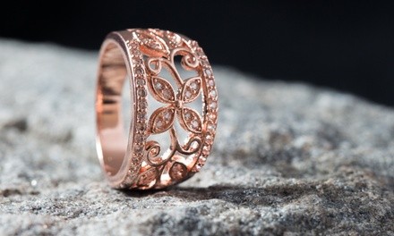 18K Rose Gold Plated Flower Filigree Ring made with Swarovski Elements by Barzel