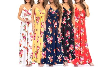 Women's Floral Summer Print Ruched Maxi Dress