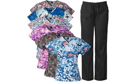 Medgear Women's Printed Top and Multi-Pocket Pant Scrub Sets