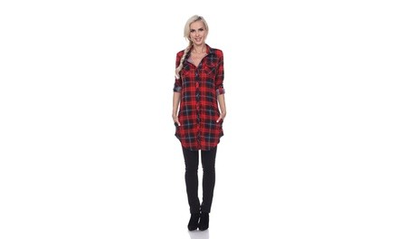 Women's Piper Plaid Stretchy Button Down Tunic with Pockets S-3X