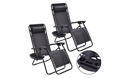 2Psc Patio Folding Recliner Zero Gravity Lounge Chair Adjustable & Utility Tray