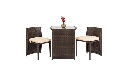 Outdoor Patio Wicker 3pc Bistro Set Glass Top Table, 2 Chairs- Brown