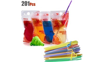 201 Piece Clear Drink Pouches with Straw - Double Zipper Reusable Bags