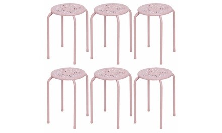 Costway Set of 6 Stackable Metal Stool Set Daisy Backless Round Top Pink