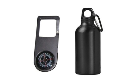 Camping Hiking Carabiner Compass & Aluminum 12 Ounce Bottle Set