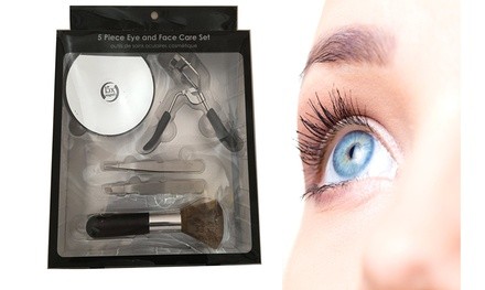 5 Piece Eye Face Care Set Tweezers Powder Brush Eyelash Curler Magnifying Mirror