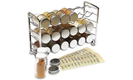 Spice Rack Stand holder with 18 bottles and 48 Labels, Chrome