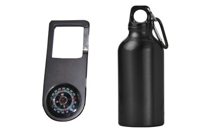 Water Bottle Compass & 12 Oz Aluminum Set Biking Hiking Camping Traveling 