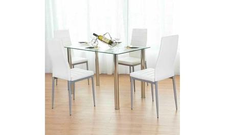 5 Piece Dining Table Set 4 Chairs White Glass Metal Kitchen Furniture