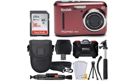 Kodak PIXPRO FZ43 Digital Camera Red  16GB Memory Card  Deluxe Point and Shoot 