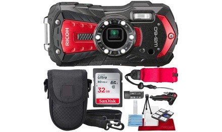 Ricoh WG-60 Waterproof Digital Camera, Red with 32GB, Floating Strap