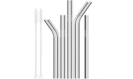 11Pcs Long Stainless Steel Metal Drinking Straws With Cleaning Brushes Set 