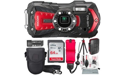 Ricoh WG-60 Waterproof Digital Camera, Red with 64GB, Floating Strap, Tripod, Cl