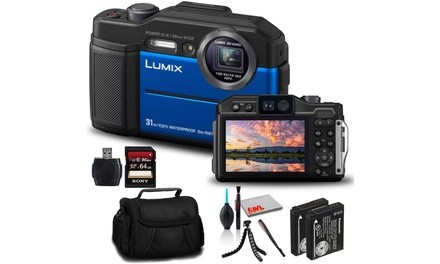 Panasonic Lumix DC-TS7 Digital Camera Blue DC-TS7A - Bundle - with 64GB Memory