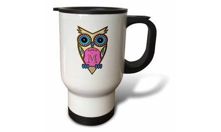  Travel Mug Gorgeous Pink and Blue Owl Monogram Letter M - 14oz 