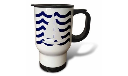  Travel Mug White Toy Sailboat On Blue Waves - 14oz 