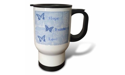  Travel Mug Inspired Blue Butterflies Hope, Faith and Love - 14oz 