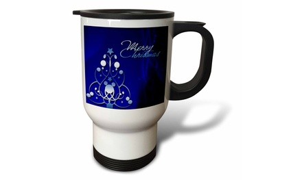  Travel Mug Reflective blue chrome abstract Christmas tree and Merry Christmas 